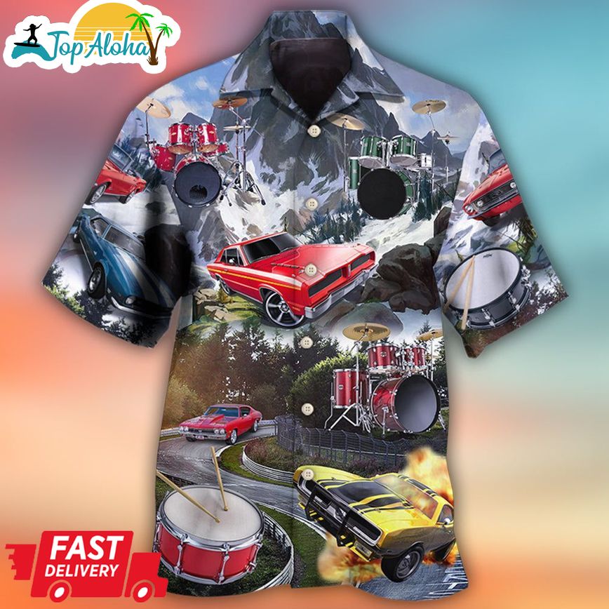 Car Muscle Car And Drum Racing Music Lover Hawaiian Shirt