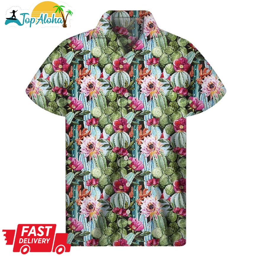Vintage Cactus And Flower Print Men's Short Sleeve Shirt